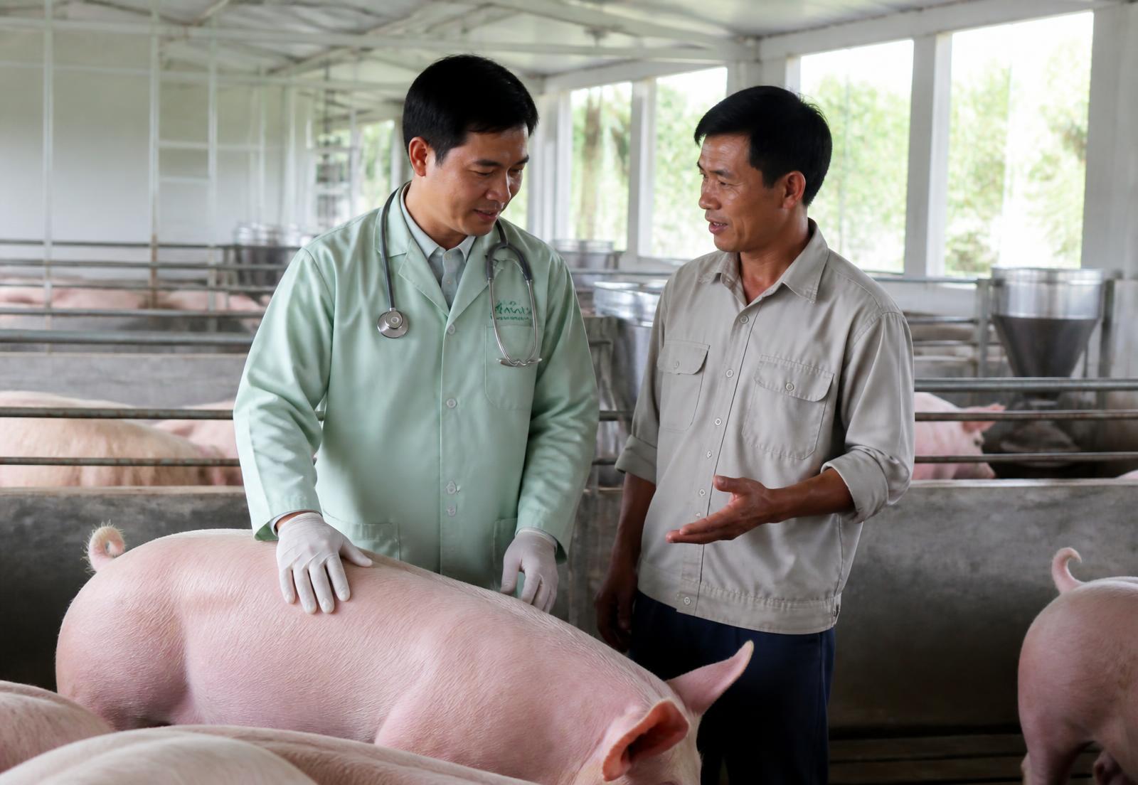 Bác sĩ thú y VETJOY trao đổi với người chăn nuôi tại trang trại heo