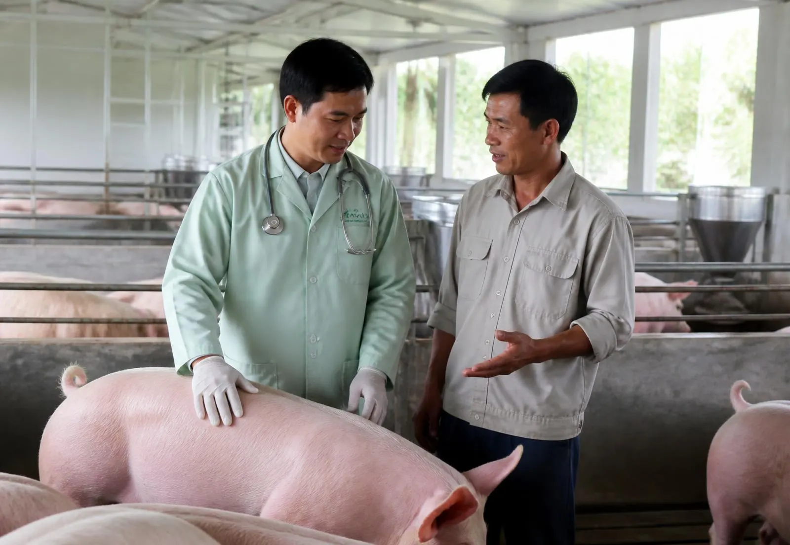 Bác sĩ thú y VETJOY trao đổi với người chăn nuôi tại trang trại heo